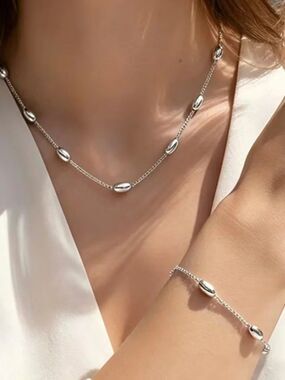 NWT 304L Stainless Steel Rice Bead Necklace & Bracelet Set Minimal Silver